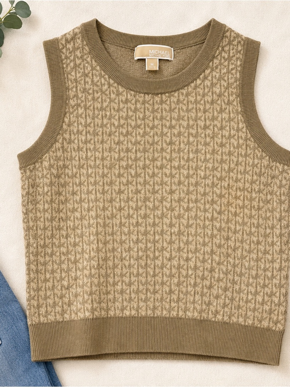Michael Kors Men's Tan Knit Sleeveless Crewneck Vest